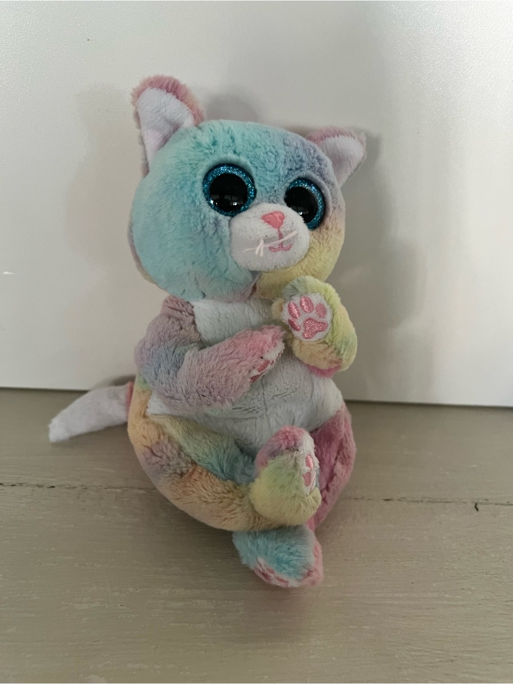 TY Beanie Bellies Jenni Pastel Rainbow Tie Dye Cat Plush 8” Glitter Eyes